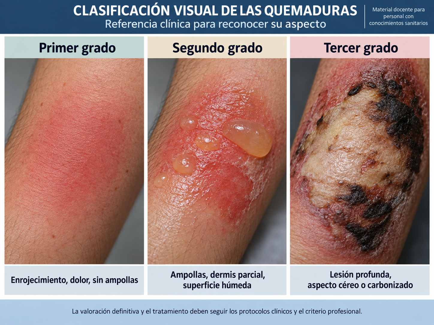 Clasificación visual de las quemaduras en primer, segundo y tercer grado